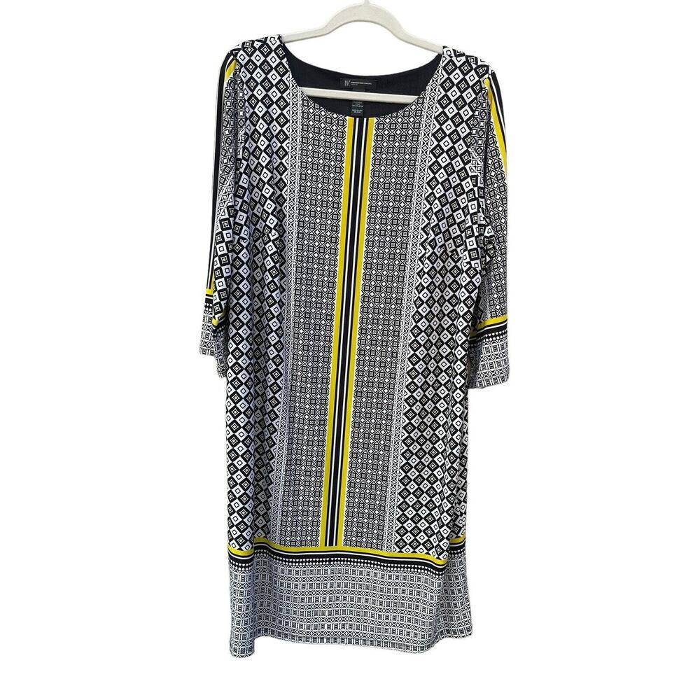 INC Dress 1X Yellow Black White Geometric Design 3/4 Sleeve Midi
